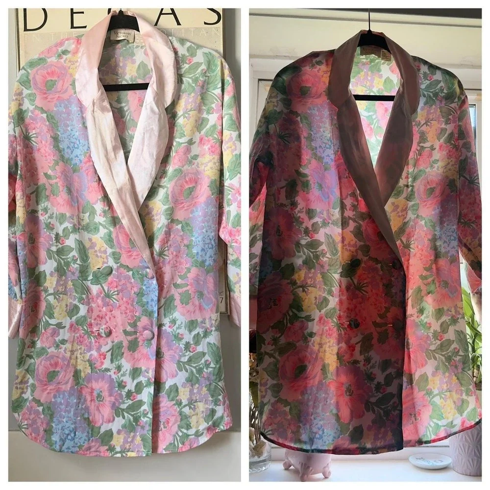 Vintage 90s Victoria's Secret floral sheer robe duster oversized satin fairy S